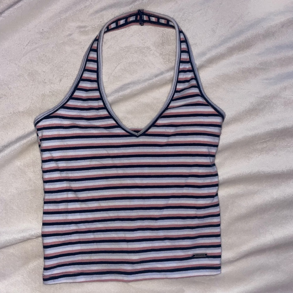 Pink, blue, black, and white stripped hollister halter top - size XS